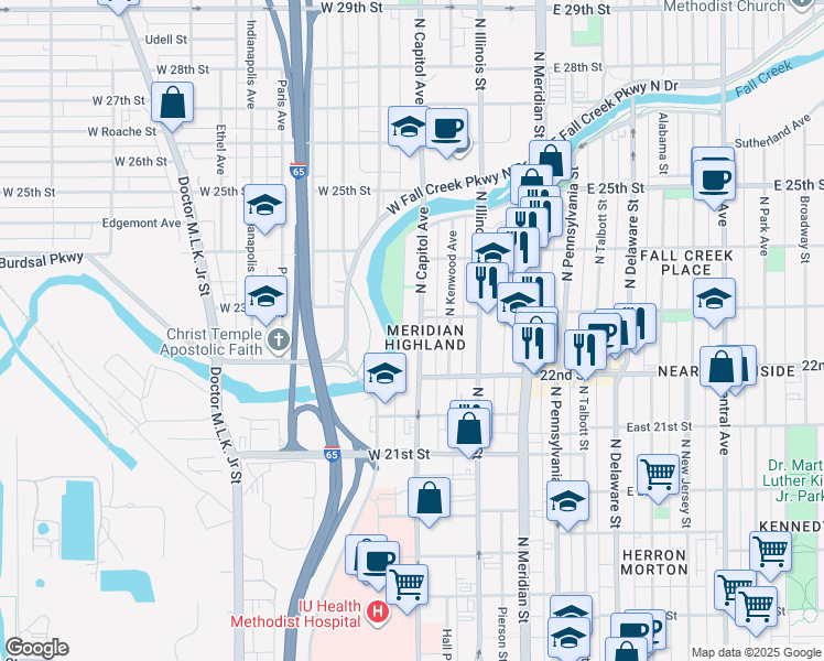 map of restaurants, bars, coffee shops, grocery stores, and more near in Indianapolis