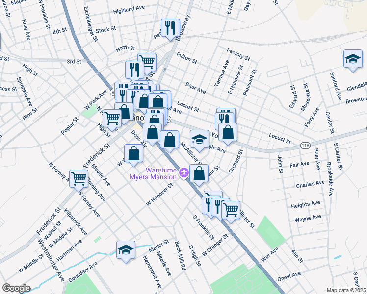 map of restaurants, bars, coffee shops, grocery stores, and more near 19 McAllister Street in Hanover