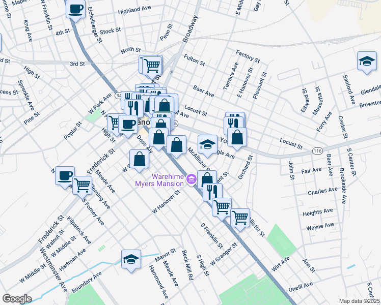 map of restaurants, bars, coffee shops, grocery stores, and more near 19 McAllister Street in Hanover