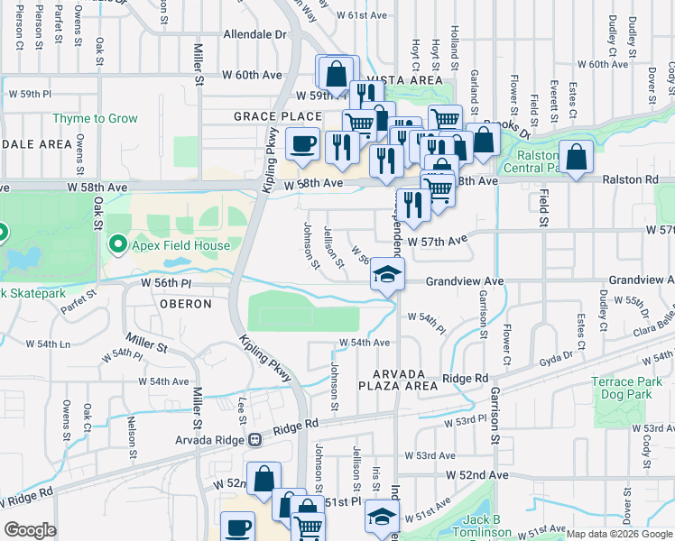 map of restaurants, bars, coffee shops, grocery stores, and more near 9807 Grandview Avenue in Arvada