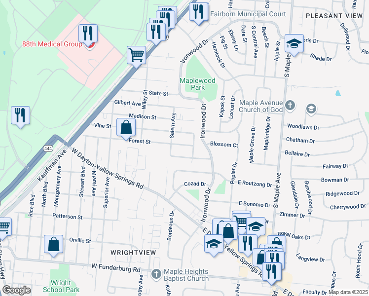 map of restaurants, bars, coffee shops, grocery stores, and more near 149 Oak Street in Fairborn