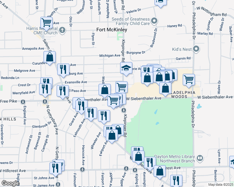 map of restaurants, bars, coffee shops, grocery stores, and more near 3520 West Siebenthaler Avenue in Dayton