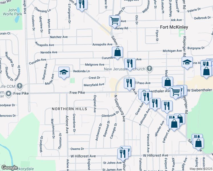 map of restaurants, bars, coffee shops, grocery stores, and more near 4118 Free Pike in Dayton
