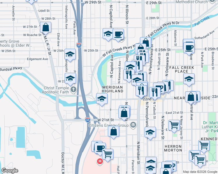 map of restaurants, bars, coffee shops, grocery stores, and more near in Indianapolis