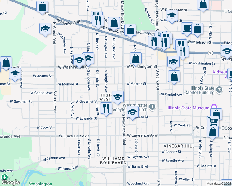 map of restaurants, bars, coffee shops, grocery stores, and more near 413 South MacArthur Boulevard in Springfield