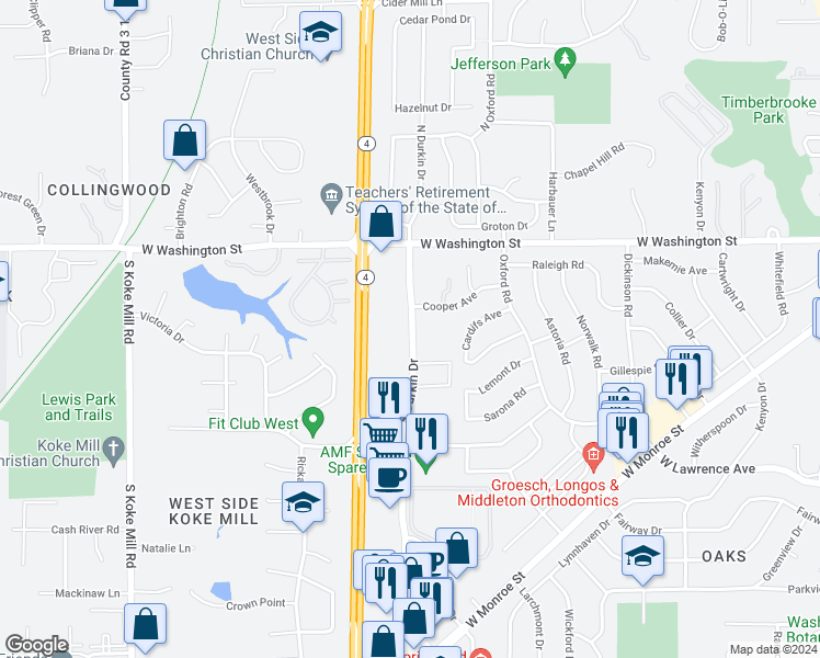 map of restaurants, bars, coffee shops, grocery stores, and more near 255 South Durkin Drive in Springfield