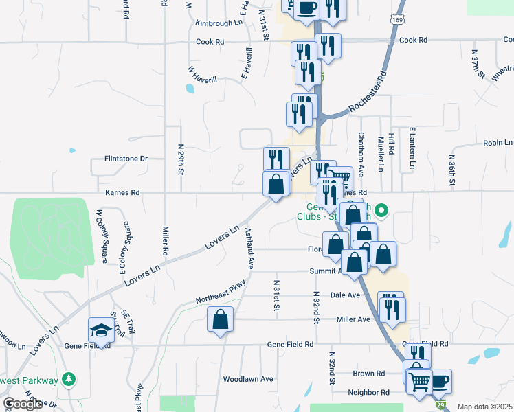 map of restaurants, bars, coffee shops, grocery stores, and more near 3015 Lovers Lane in Saint Joseph