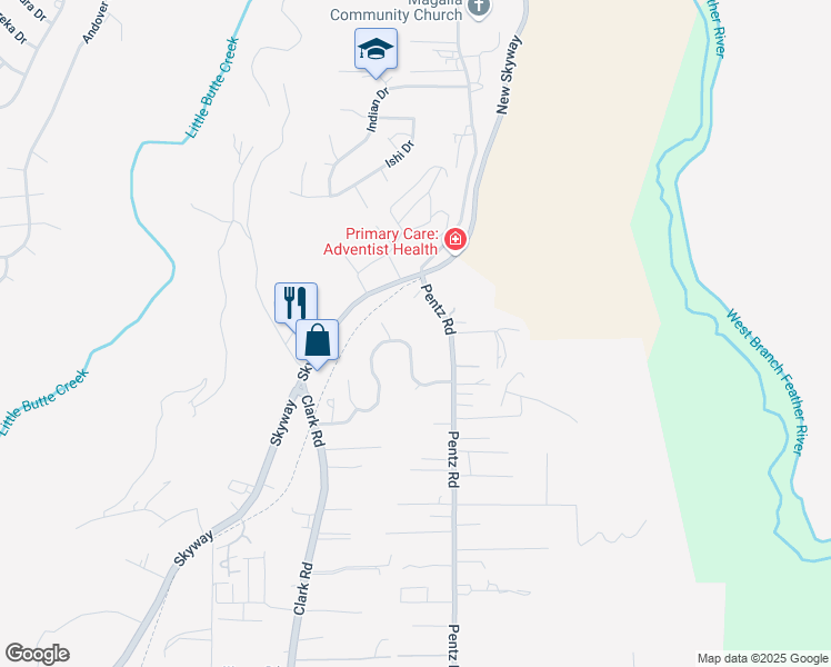 map of restaurants, bars, coffee shops, grocery stores, and more near 1643 Gate Lane in Paradise
