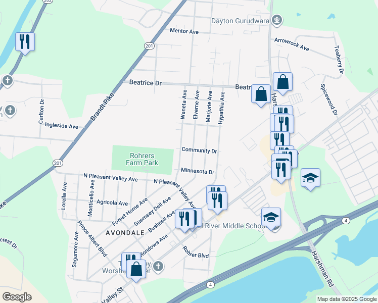 map of restaurants, bars, coffee shops, grocery stores, and more near 212 Waneta Avenue in Dayton