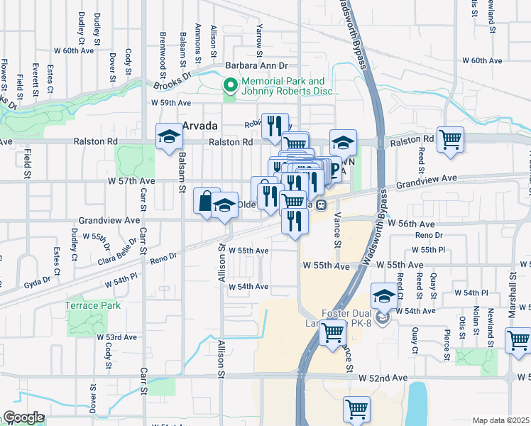 map of restaurants, bars, coffee shops, grocery stores, and more near 7804 Grandview Avenue in Arvada