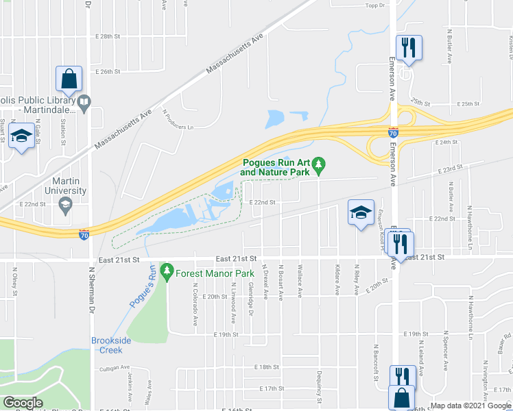 map of restaurants, bars, coffee shops, grocery stores, and more near 2174 North Drexel Avenue in Indianapolis