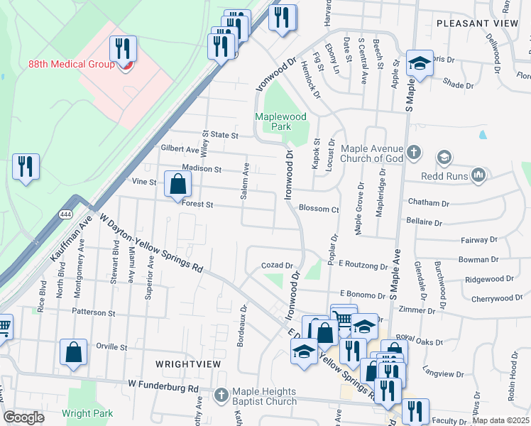 map of restaurants, bars, coffee shops, grocery stores, and more near 149 Oak Street in Fairborn