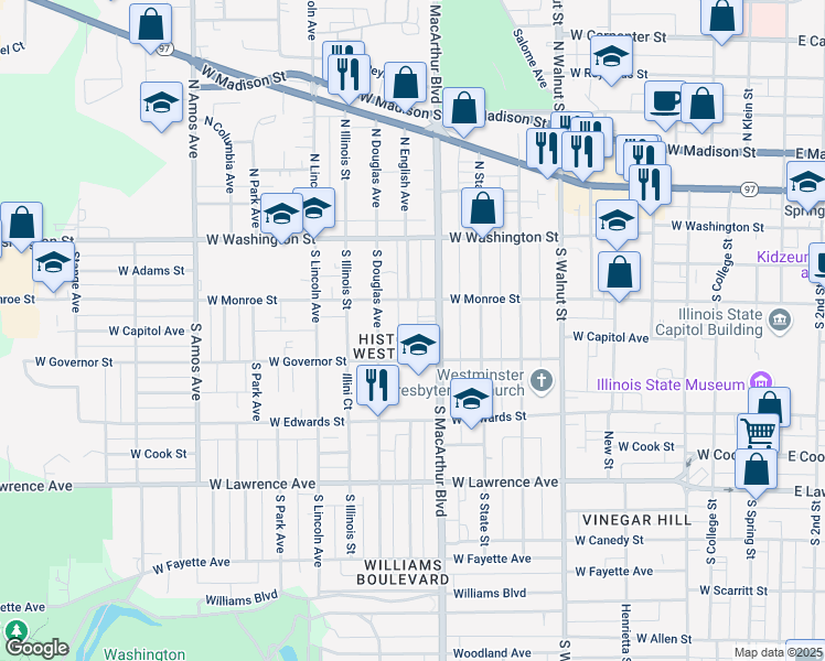 map of restaurants, bars, coffee shops, grocery stores, and more near 413 South MacArthur Boulevard in Springfield