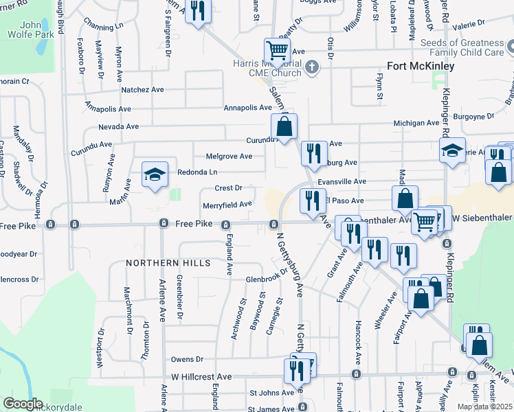 map of restaurants, bars, coffee shops, grocery stores, and more near 4122 Merryfield Avenue in Dayton