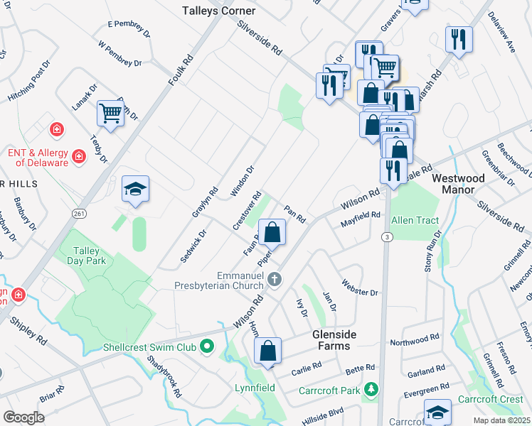 map of restaurants, bars, coffee shops, grocery stores, and more near 1118 Crestover Road in Wilmington