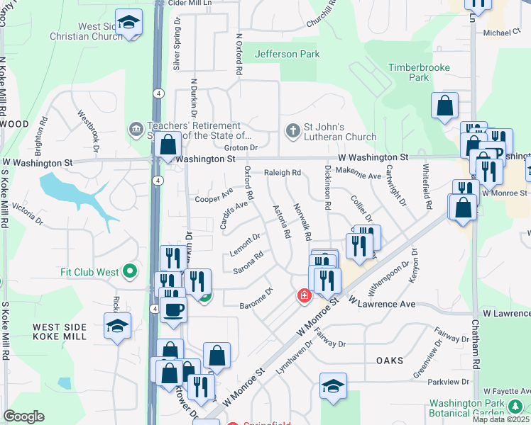 map of restaurants, bars, coffee shops, grocery stores, and more near 216 Oxford Road in Springfield