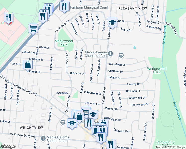 map of restaurants, bars, coffee shops, grocery stores, and more near 1392 Maple Grove Drive in Fairborn