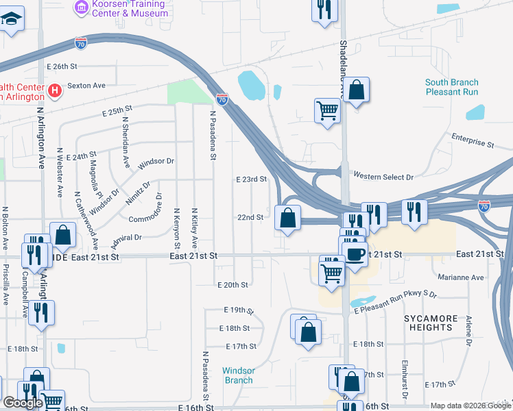 map of restaurants, bars, coffee shops, grocery stores, and more near 2240 North Edmondson Avenue in Indianapolis