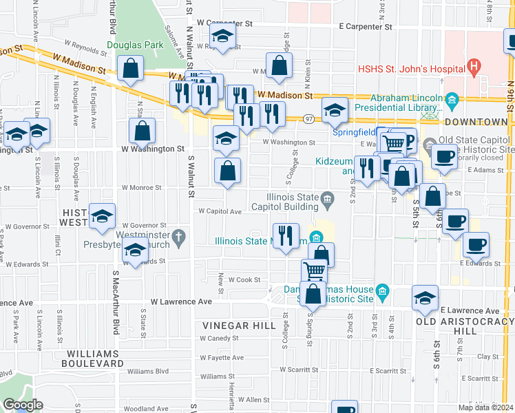 map of restaurants, bars, coffee shops, grocery stores, and more near 417 West Capitol Avenue in Springfield