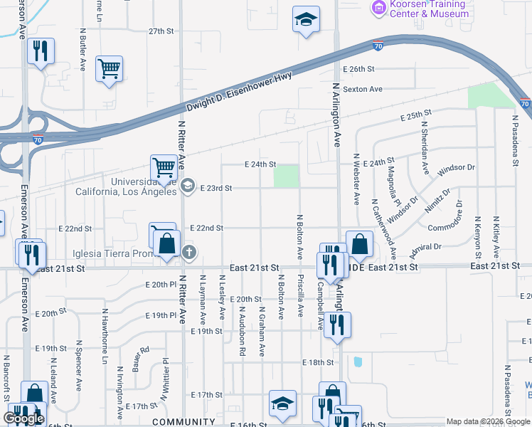 map of restaurants, bars, coffee shops, grocery stores, and more near 2225 North Graham Avenue in Indianapolis