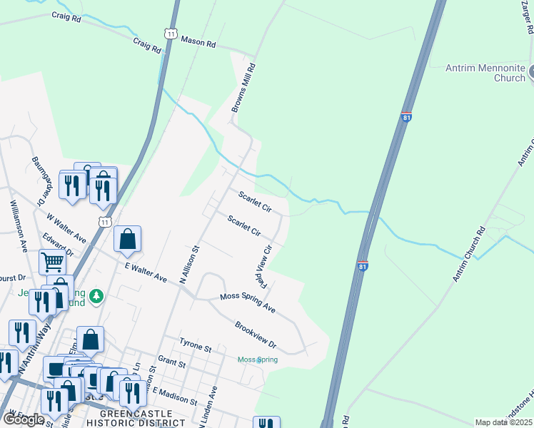 map of restaurants, bars, coffee shops, grocery stores, and more near 276 Scarlet Circle in Greencastle