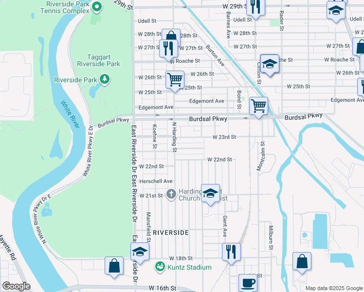 map of restaurants, bars, coffee shops, grocery stores, and more near 1346 West 23rd Street in Indianapolis