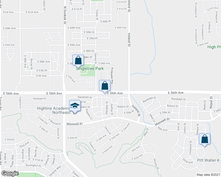 map of restaurants, bars, coffee shops, grocery stores, and more near 5723 North Gibralter Way in Aurora