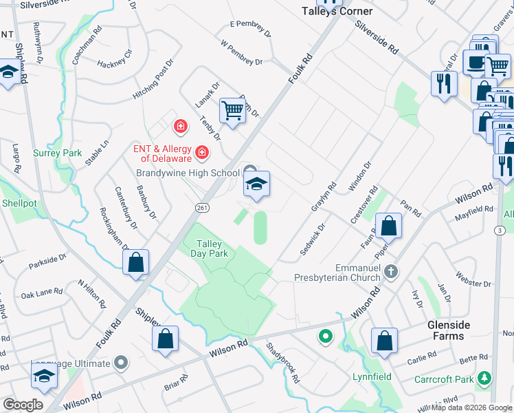 map of restaurants, bars, coffee shops, grocery stores, and more near 1400 Foulk Road in Wilmington