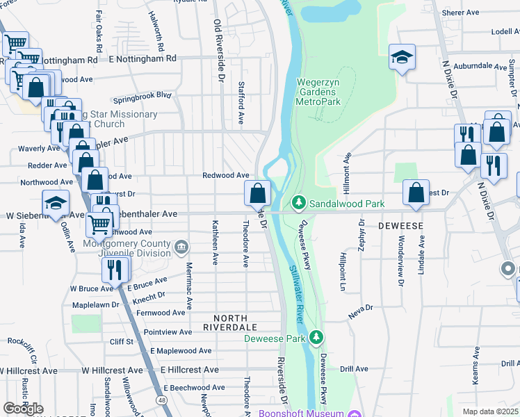 map of restaurants, bars, coffee shops, grocery stores, and more near 3625 Riverside Drive in Dayton