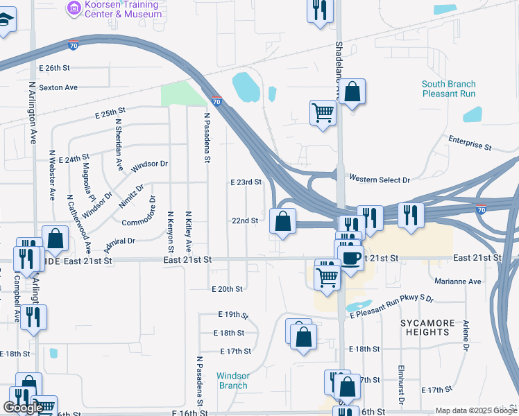 map of restaurants, bars, coffee shops, grocery stores, and more near 2240 North Edmondson Avenue in Indianapolis
