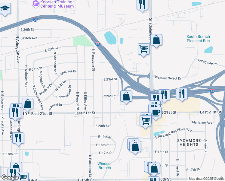 map of restaurants, bars, coffee shops, grocery stores, and more near 2240 North Edmondson Avenue in Indianapolis