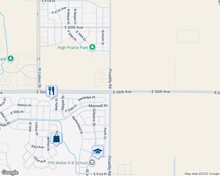map of restaurants, bars, coffee shops, grocery stores, and more near 5601 Picadilly Road in Aurora
