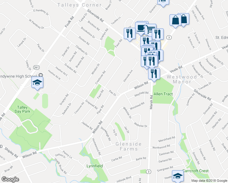 map of restaurants, bars, coffee shops, grocery stores, and more near 1807 Pan Road in Wilmington