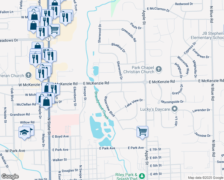 map of restaurants, bars, coffee shops, grocery stores, and more near 711 East McKenzie Road in Greenfield