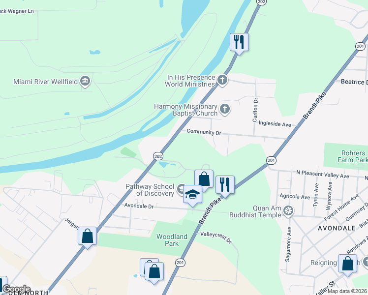 map of restaurants, bars, coffee shops, grocery stores, and more near 2920 Old Troy Pike in Dayton