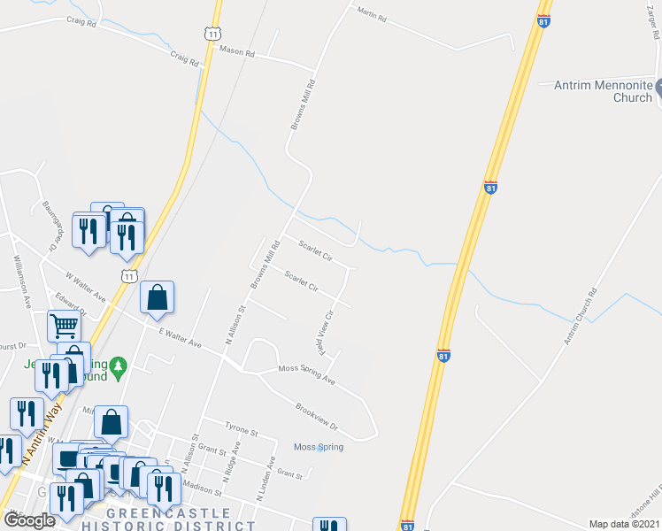 map of restaurants, bars, coffee shops, grocery stores, and more near 276 Scarlet Circle in Greencastle