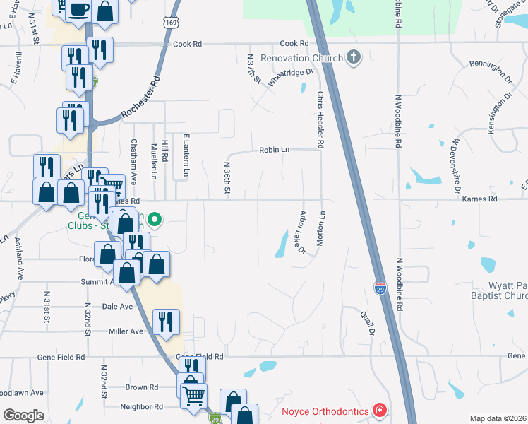 map of restaurants, bars, coffee shops, grocery stores, and more near 3301 North 36th Terrace in Saint Joseph