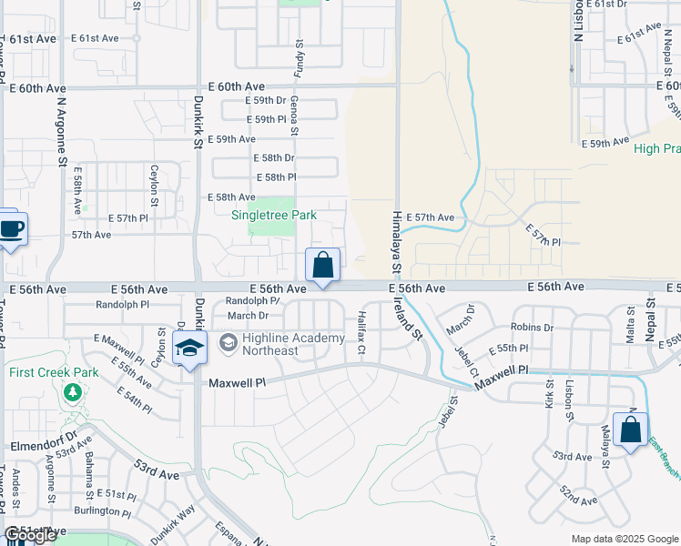 map of restaurants, bars, coffee shops, grocery stores, and more near 5723 North Gibralter Way in Aurora