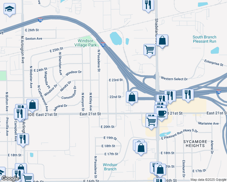 map of restaurants, bars, coffee shops, grocery stores, and more near 2210 East Elizabeth Street in Indianapolis
