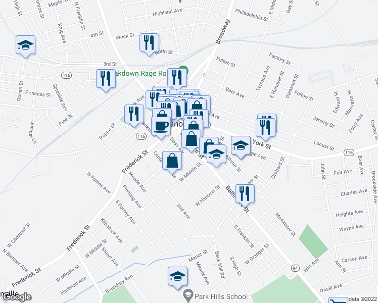 map of restaurants, bars, coffee shops, grocery stores, and more near 111 Baltimore Street in Hanover