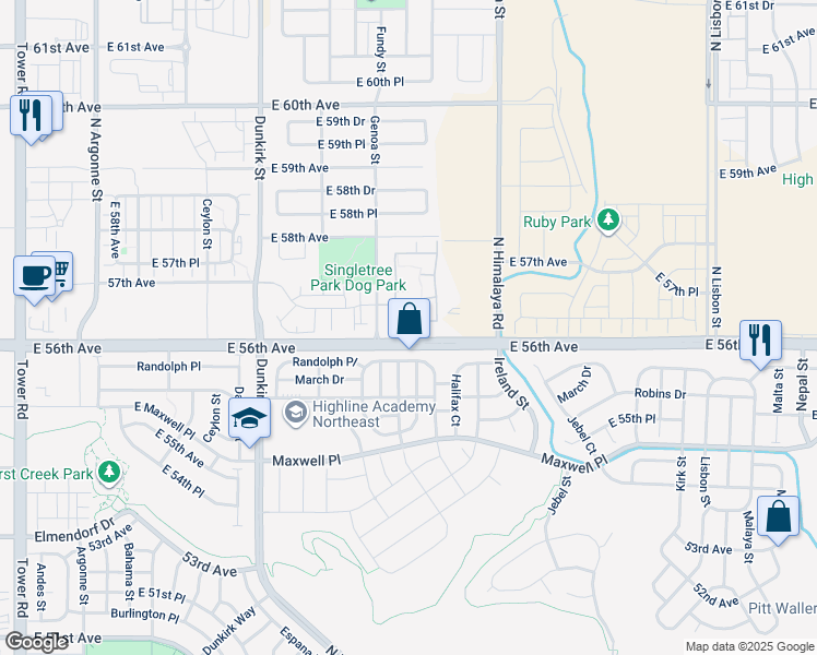 map of restaurants, bars, coffee shops, grocery stores, and more near 5704 North Gibralter Way in Aurora