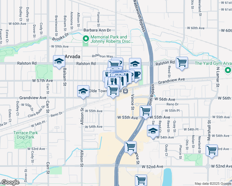 map of restaurants, bars, coffee shops, grocery stores, and more near 5584 Olde Wadsworth Boulevard in Arvada