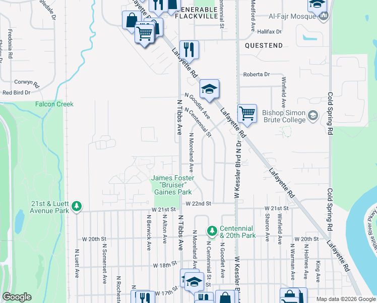 map of restaurants, bars, coffee shops, grocery stores, and more near 2337 North Tibbs Avenue in Indianapolis