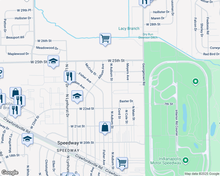 map of restaurants, bars, coffee shops, grocery stores, and more near 4953 McCray Street in Speedway
