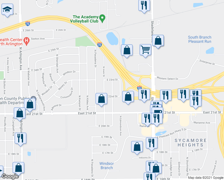 map of restaurants, bars, coffee shops, grocery stores, and more near 2212 North Elizabeth Street in Indianapolis