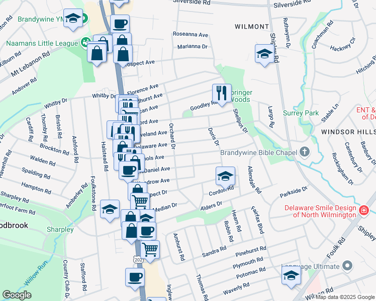 map of restaurants, bars, coffee shops, grocery stores, and more near 307 Delaware Avenue in Wilmington