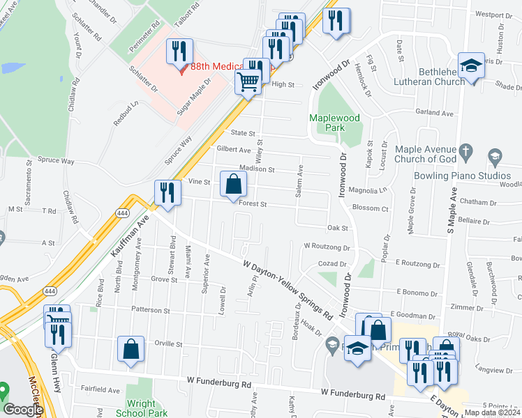 map of restaurants, bars, coffee shops, grocery stores, and more near 239 Forest Street in Fairborn