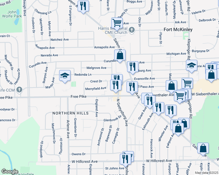 map of restaurants, bars, coffee shops, grocery stores, and more near 4042 Crest Drive in Dayton