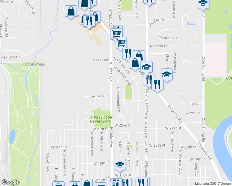 map of restaurants, bars, coffee shops, grocery stores, and more near 2337 North Tibbs Avenue in Indianapolis