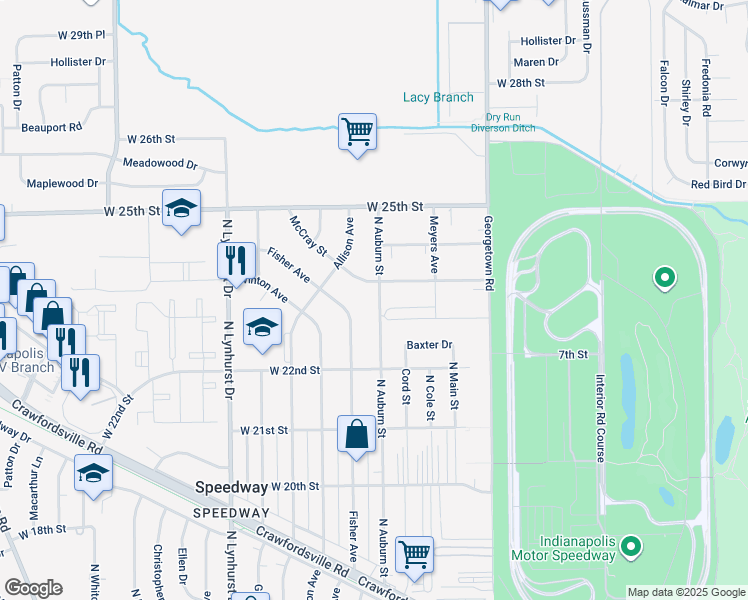 map of restaurants, bars, coffee shops, grocery stores, and more near 4953 McCray Street in Speedway
